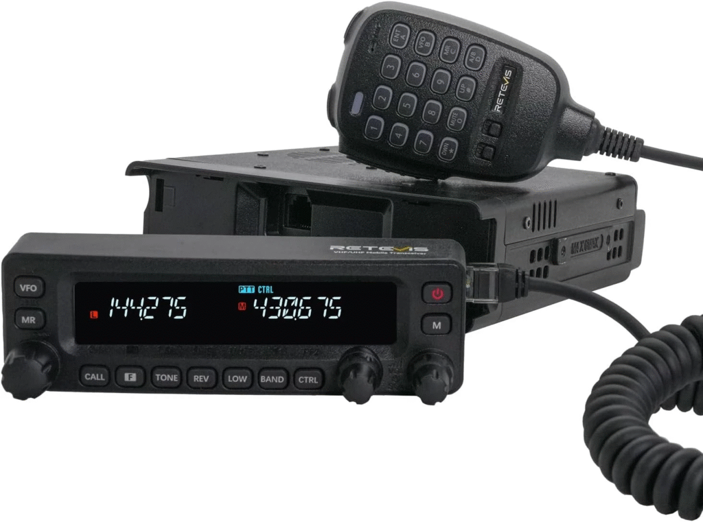 Retevis MA1 dual-band mobile radio - detachable faceplate, 50-watt output, mounted on dash.